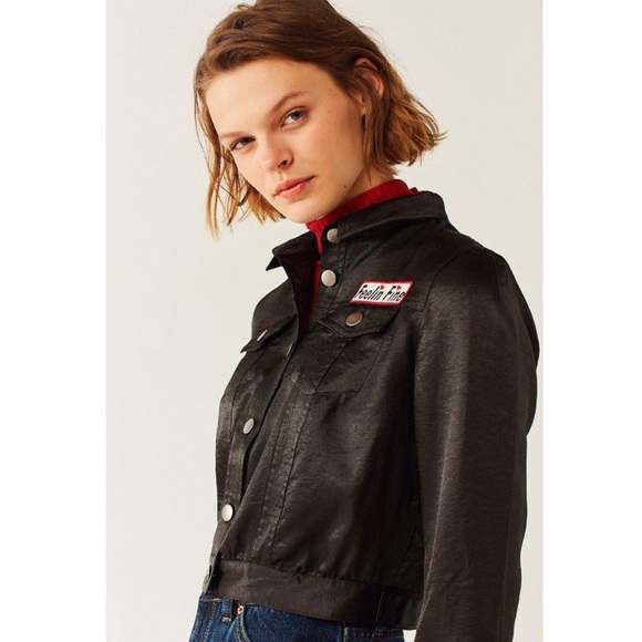 UO Embroidered Cropped Satin Trucker Jacket XS NEW - Picture 3 of 6